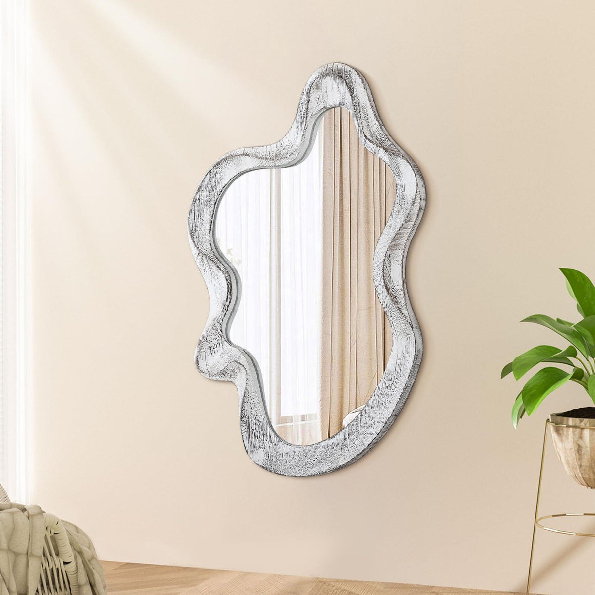 Asymmetrischer Wandspiegel mit Holzrahmen – Moderner Wolkenspiegel 55x37cm