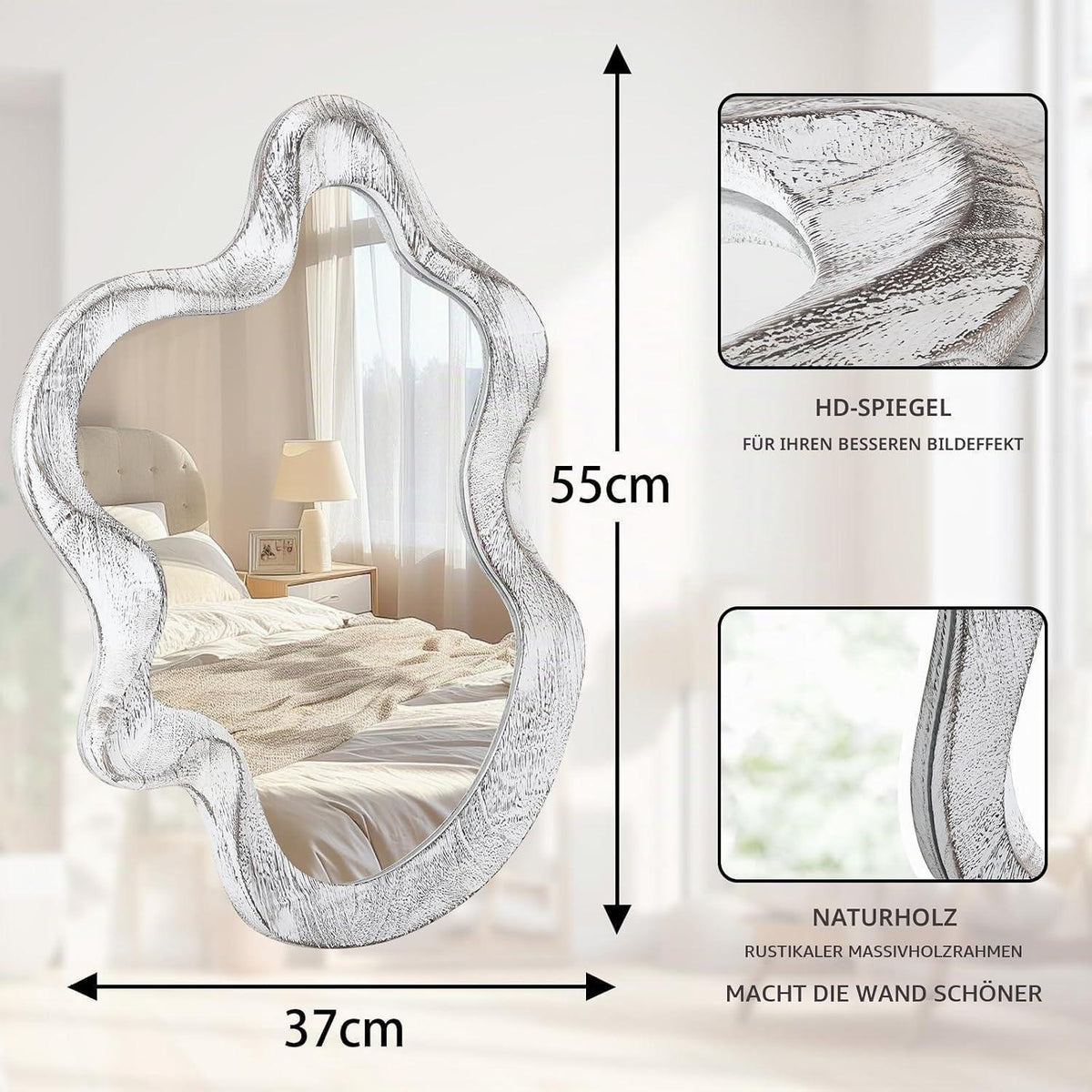 Asymmetrischer Wandspiegel mit Holzrahmen – Moderner Wolkenspiegel 55x37cm