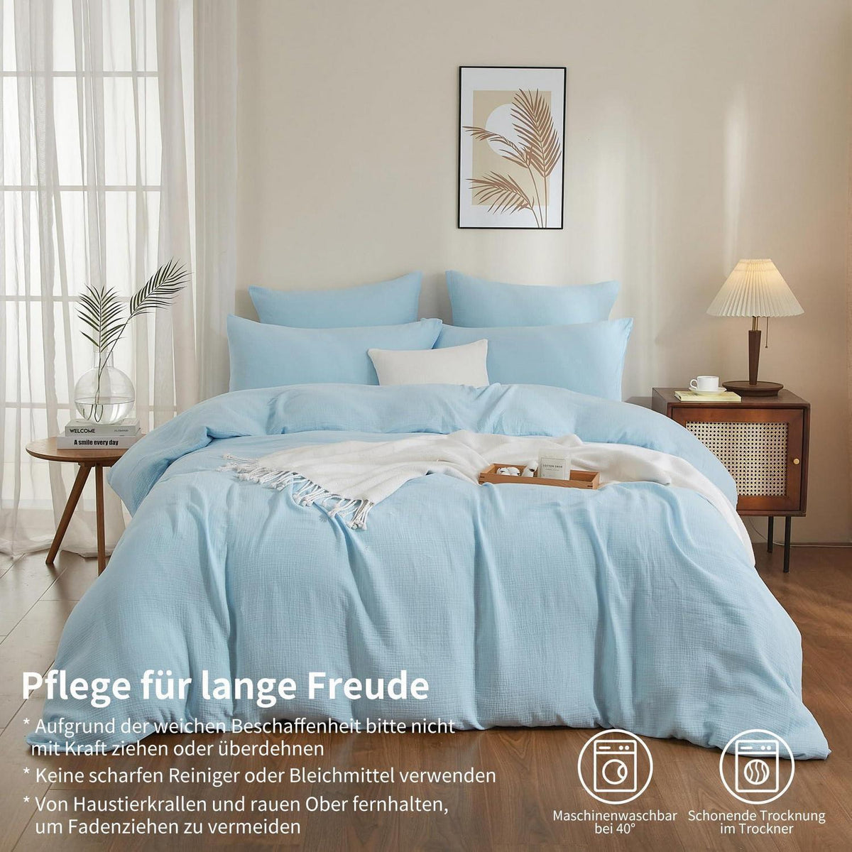 Doppelte Muslin Bettwäsche 220x240 Blau – Weich & Atmungsaktiv