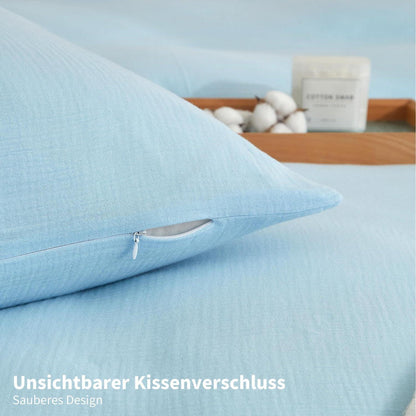 Doppelte Muslin Bettwäsche 200x220 Blau – Weiche Baumwolle Bettwäsche Set