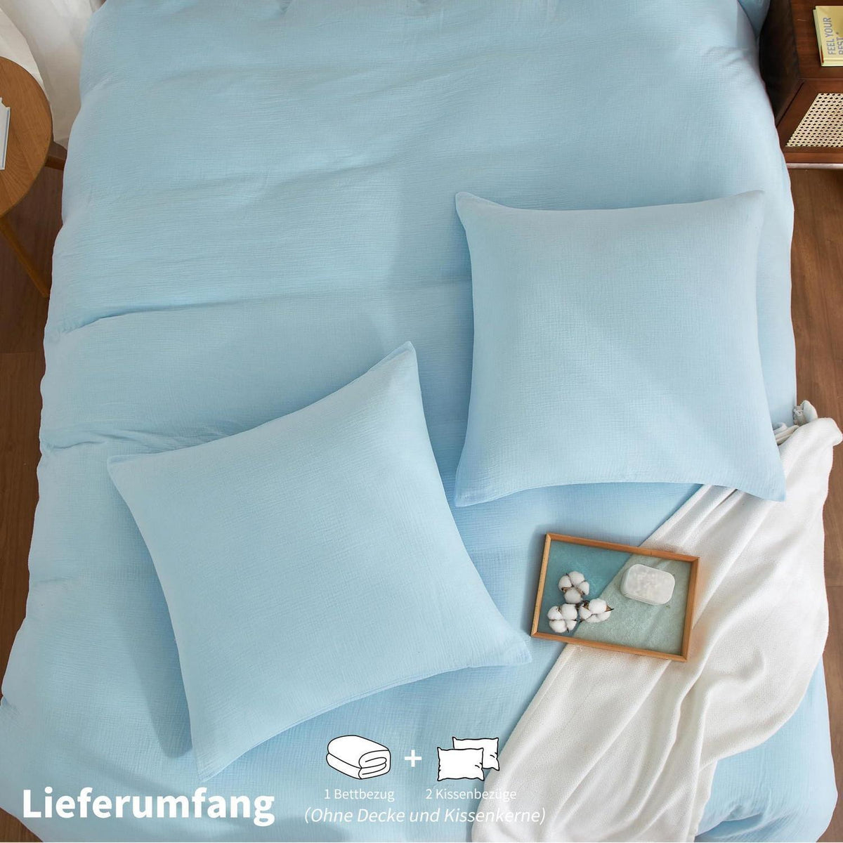 Doppelte Muslin Bettwäsche 200x220 Blau – Weiche Baumwolle Bettwäsche Set