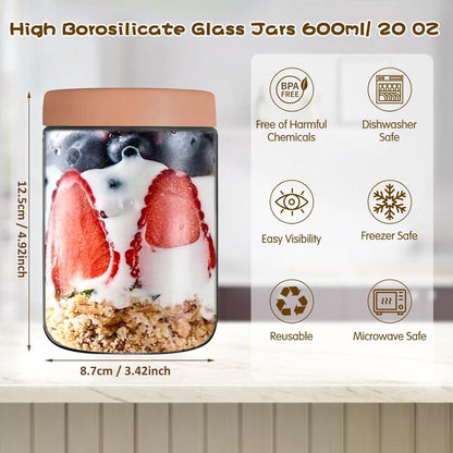 Meal Prep Gläser 600ml, 4er Set, mit Deckel, für Overnight Oats & Salate