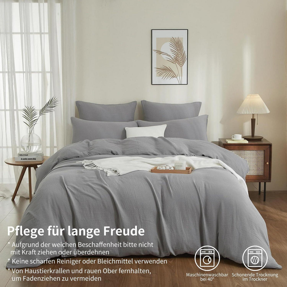 Doppelte Muslin Bettwäsche Grau Anthrazit 155x220 cm - 3-teilig