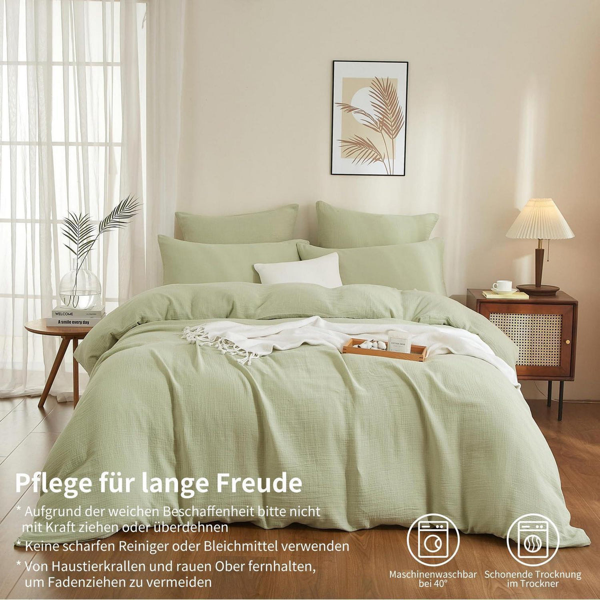 Doppelte Muslin Bettwäsche 200x200 Grün – Weiche Baumwolle Bettwäsche Set