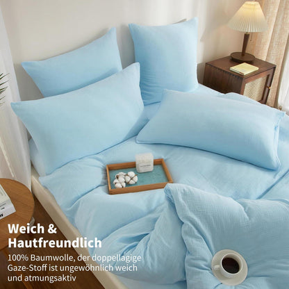 Doppelte Muslin Bettwäsche 200x200 Blau – Weich & Atmungsaktiv