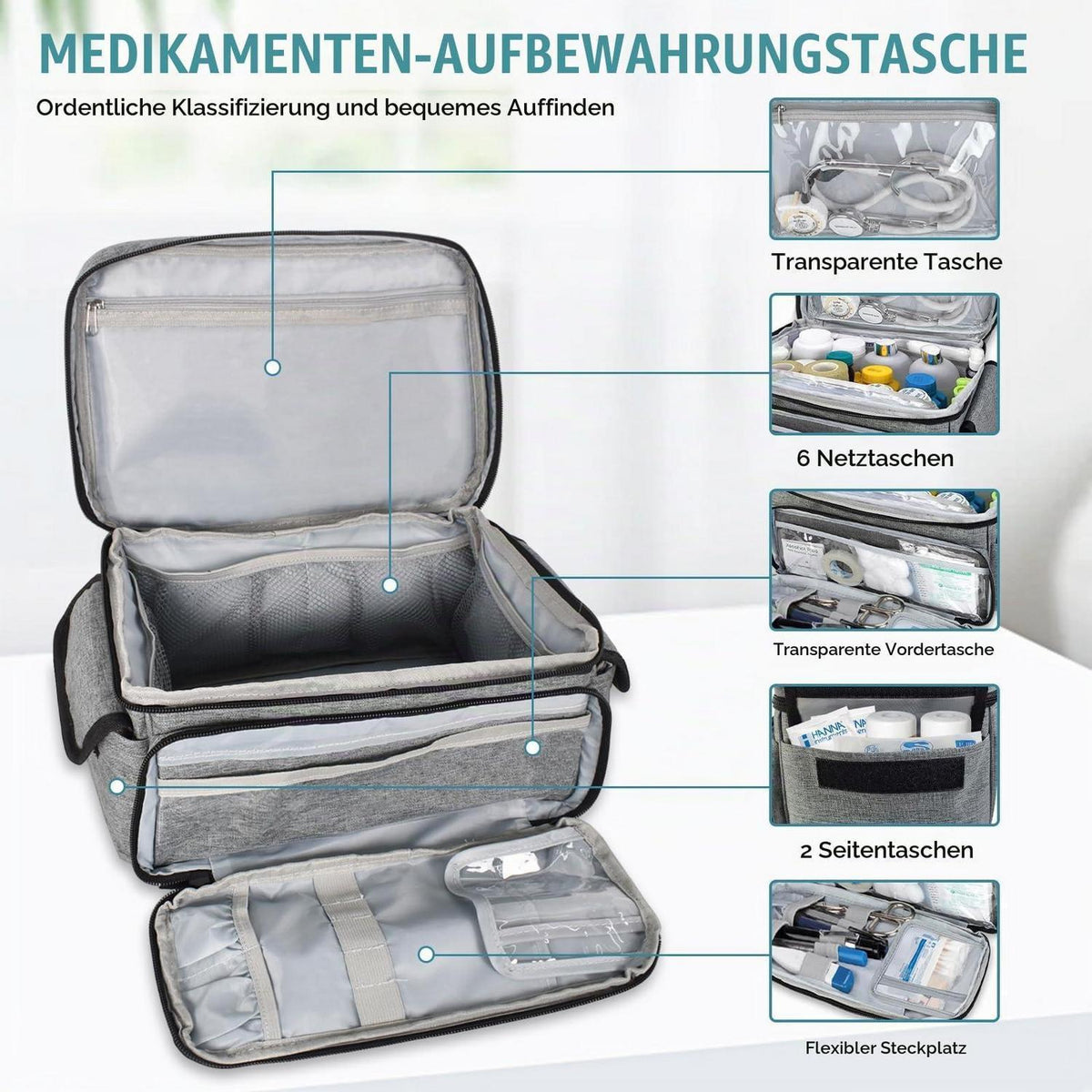 Tragbare Erste-Hilfe-Tasche mit Fächern für Reisen & Outdoor