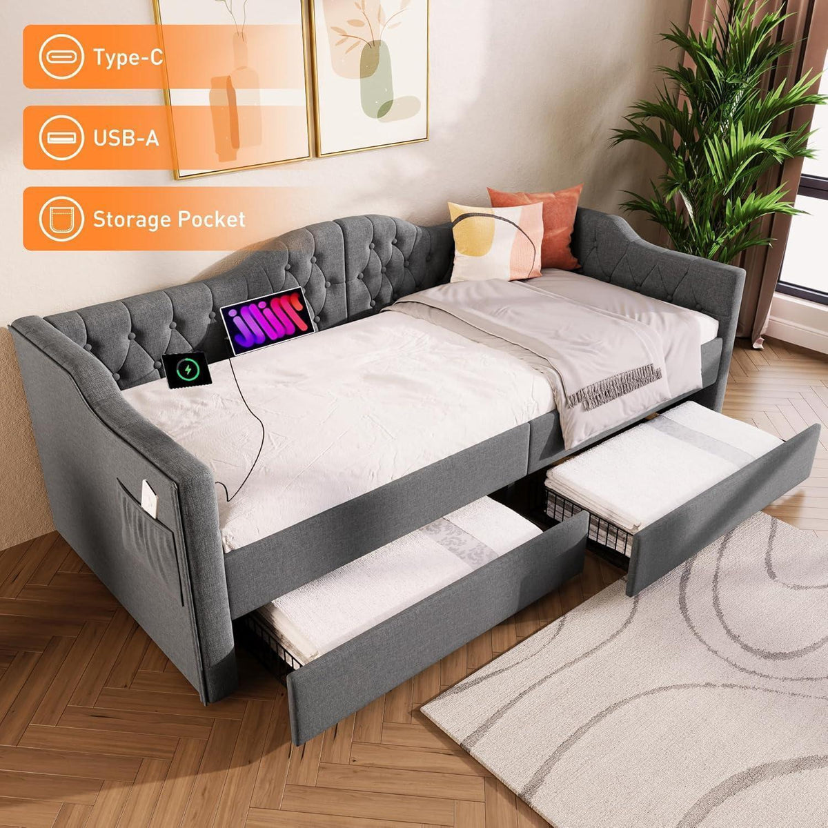 Schlafsofa 200cm mit Bettkasten & Schlaffunktion – Grau