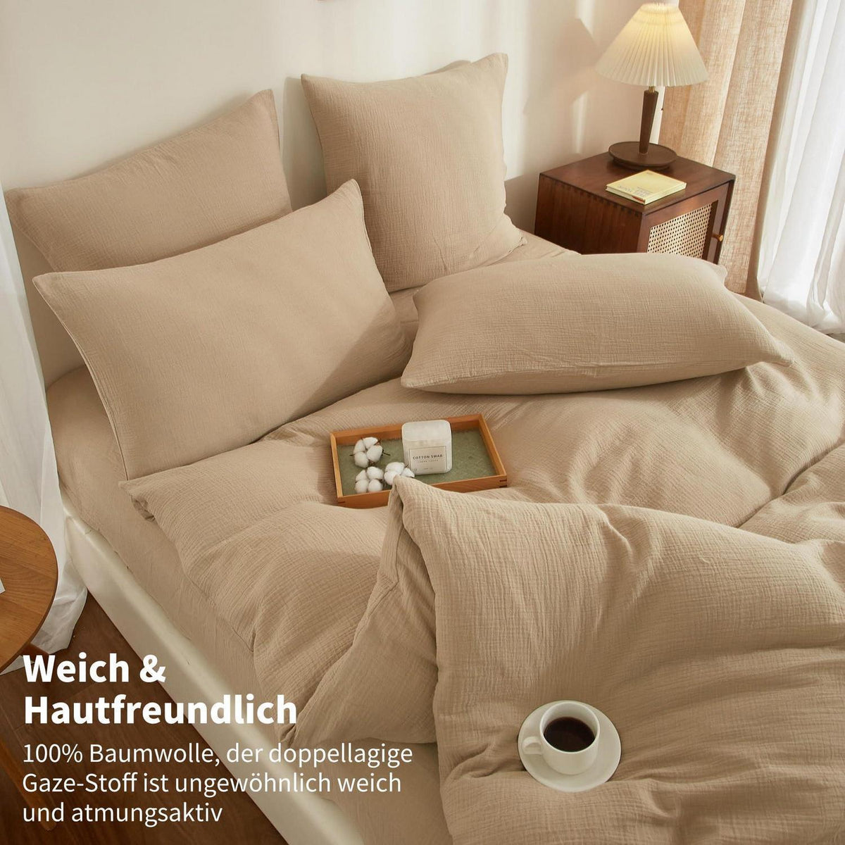 Doppelte Muslin Bettwäsche 155x220 Khaki Beige – 3-teilig