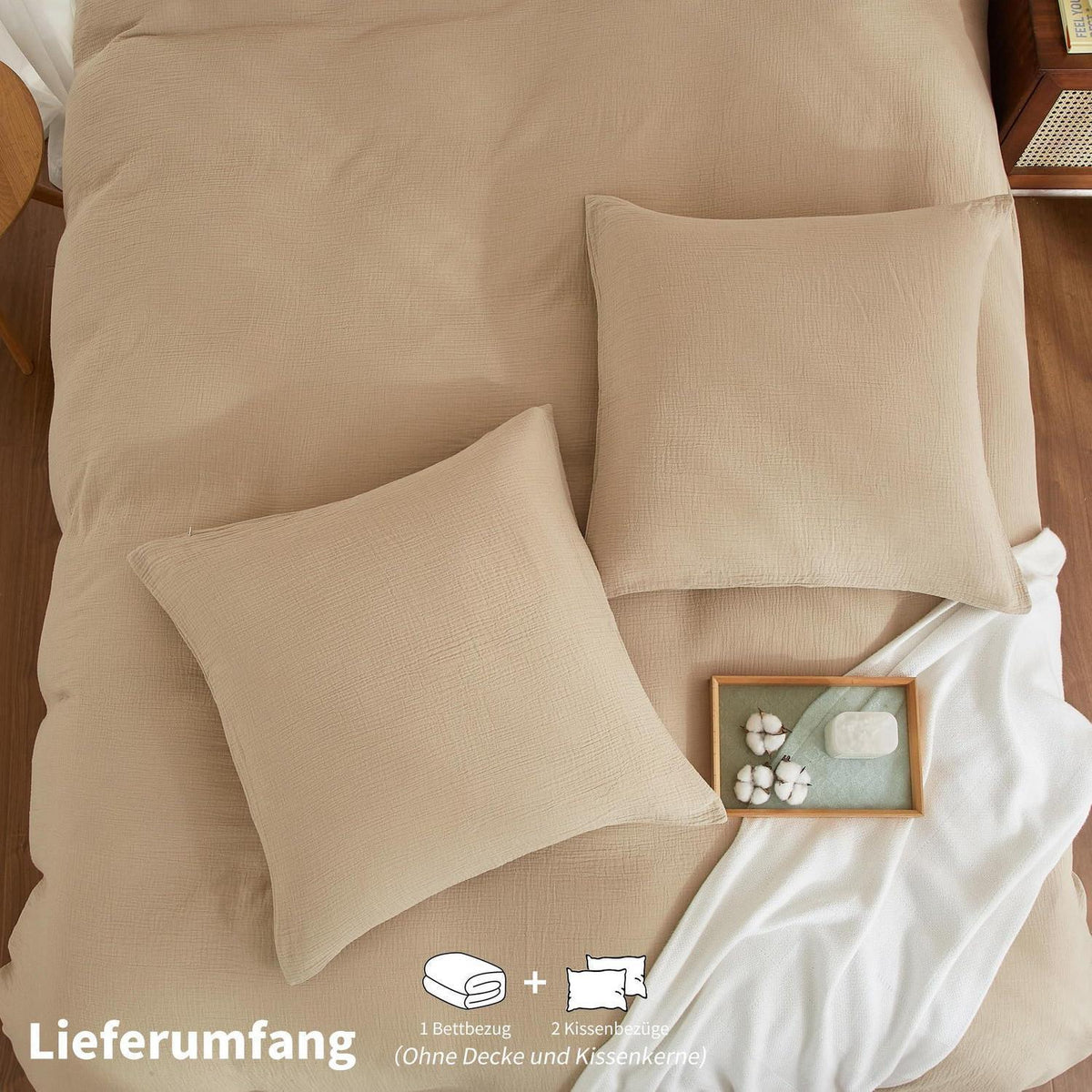 Doppelte Muslin Bettwäsche 155x220 Khaki Beige – 3-teilig