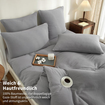 Doppelte Muslin Bettwäsche 220x240 Grau – 3-teilig & Atmungsaktiv