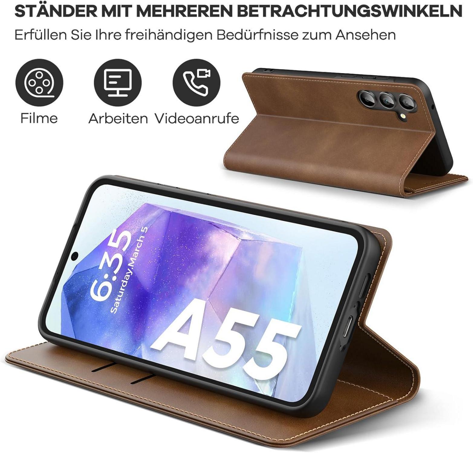 Handyhülle Samsung Galaxy A55 5G RFID Schutz Leder Klapphülle Hellbraun