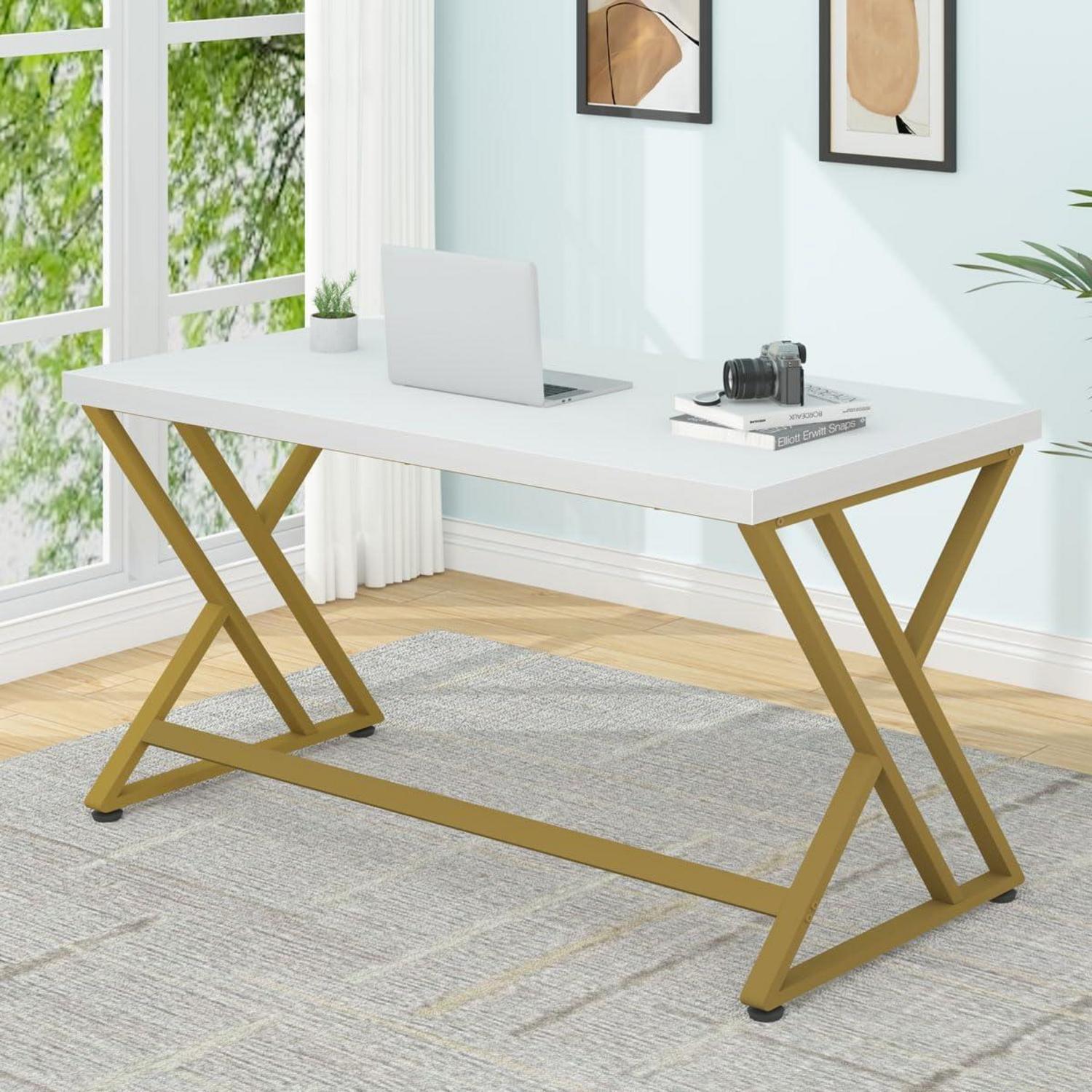 Studiertisch Industrie Design Schreibtisch Weiß Gold 140x60x75.5 cm