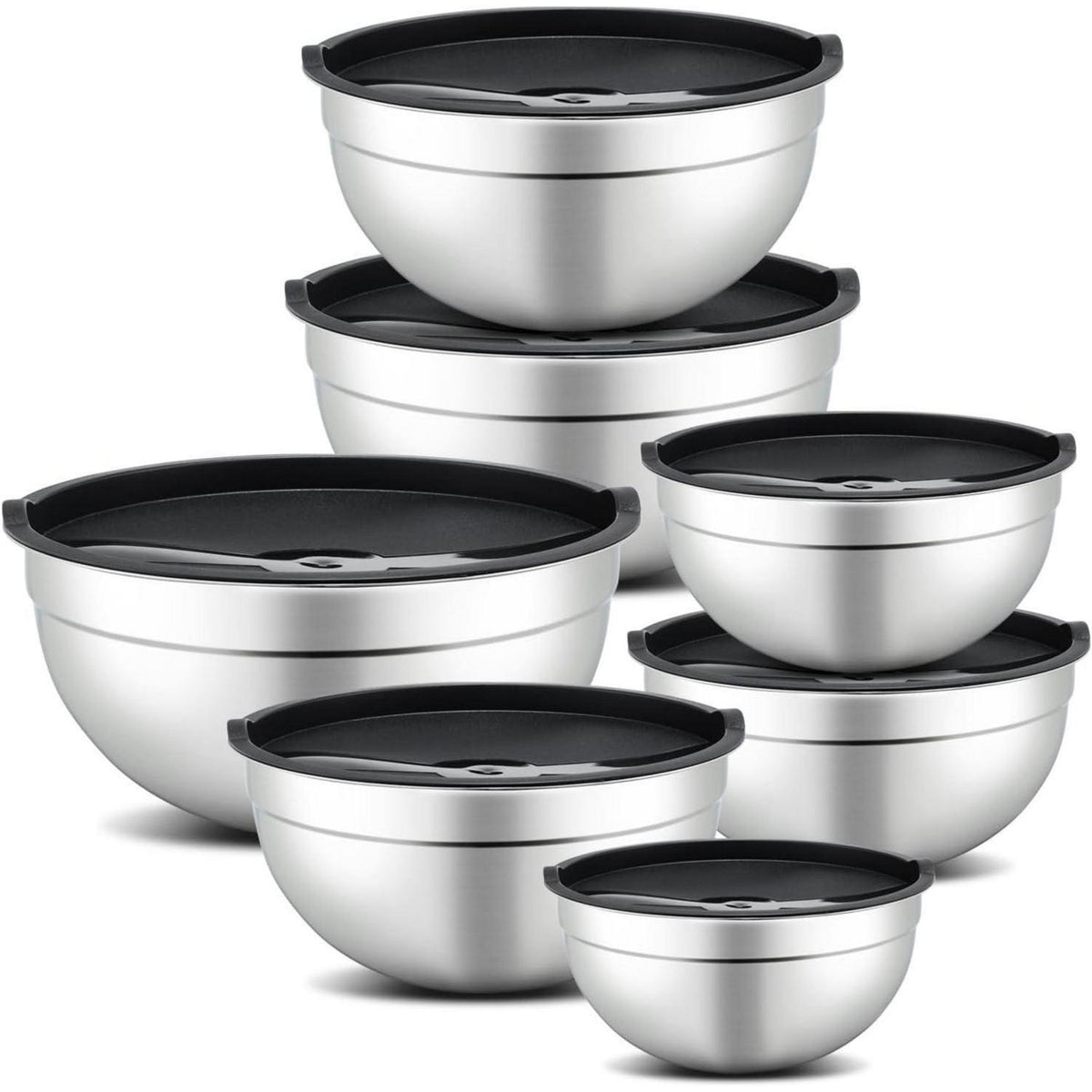7-teiliges Rührschüssel-Set Edelstahl mit Deckel, Schwarz