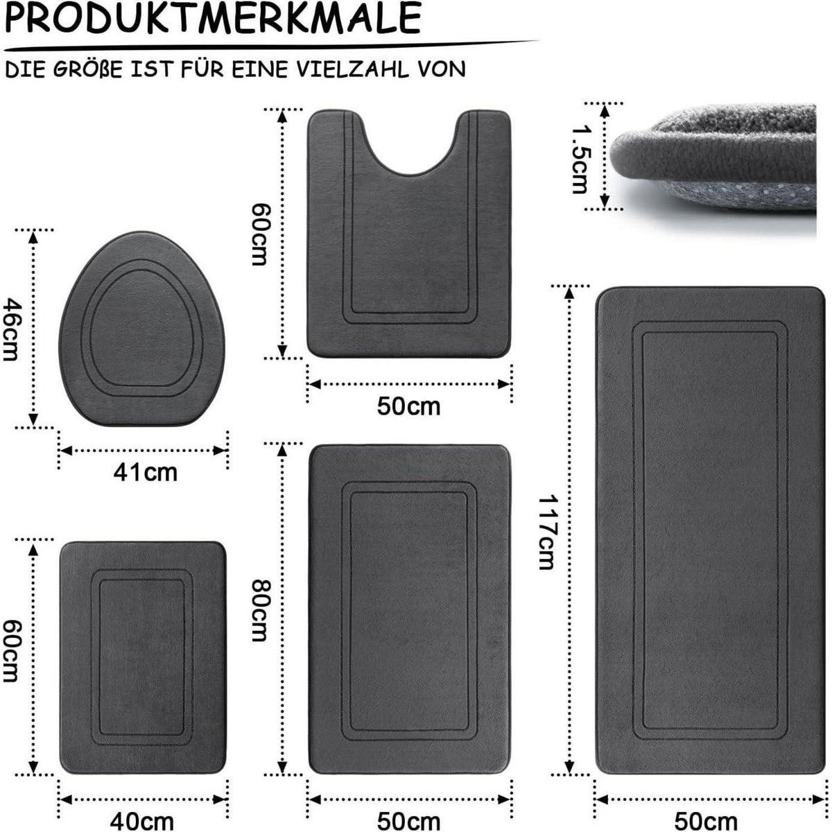 5-teiliges Badezimmerteppich Set Dunkelgrau – Weich & Rutschfest