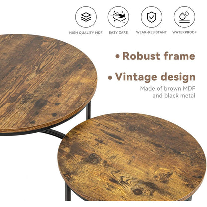 2er Set runde Beistelltische aus Holz mit Metallrahmen, Braun
