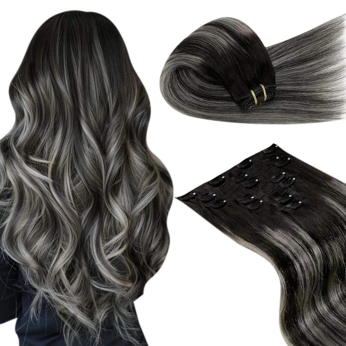 Echthaar Clip-in Extensions Schwarz Balayage Ombre Silber