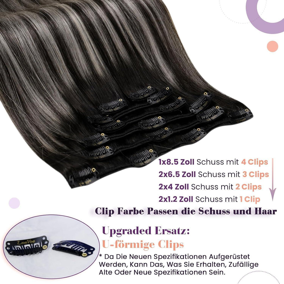 Echthaar Clip-in Extensions Schwarz Balayage Ombre Silber