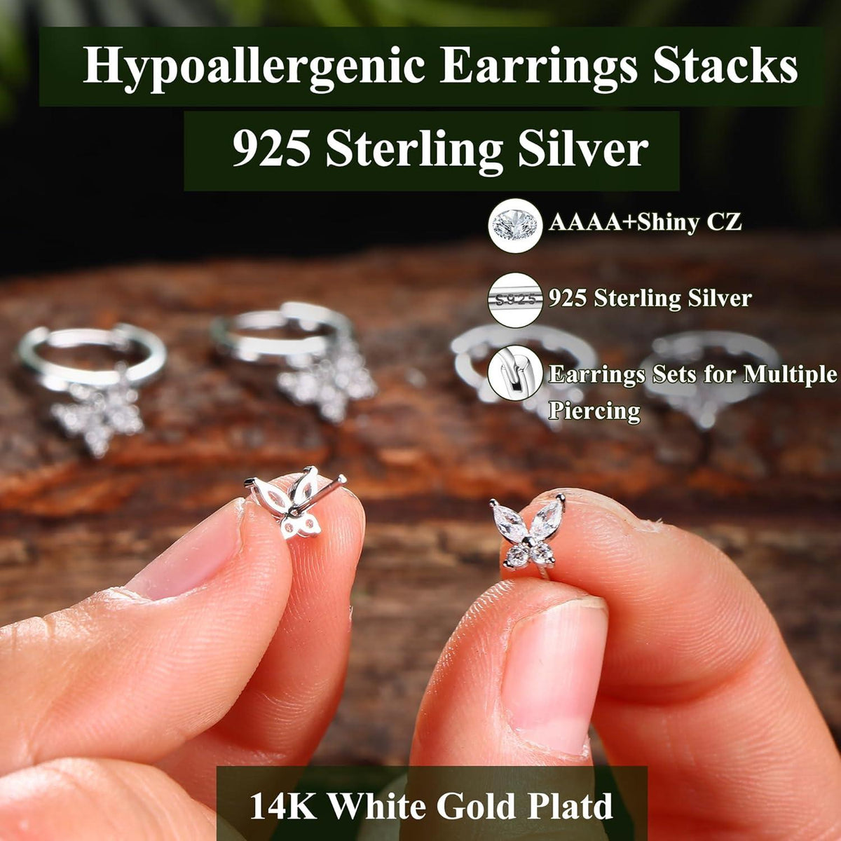 Ohrringe Silber 925 3 Paar Damen Mädchen 14K Vergoldet Ohrstecker