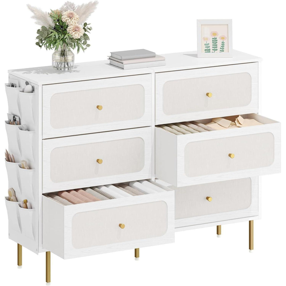 Kommode 110cm mit Stoffschubladen & Organizer-Taschen, Weiß-Gold