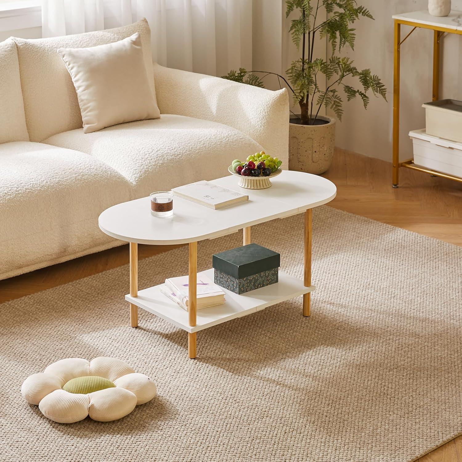Ovaler Couchtisch Weiß Holz 2-stufiger Mitteltisch