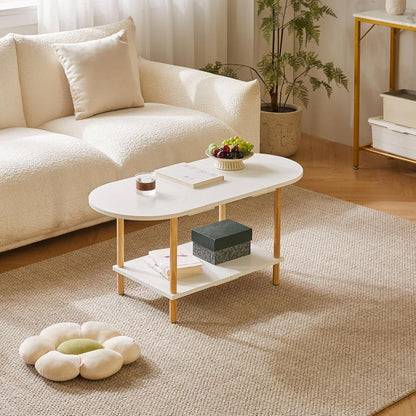 Ovaler Couchtisch Weiß Holz 2-stufiger Mitteltisch