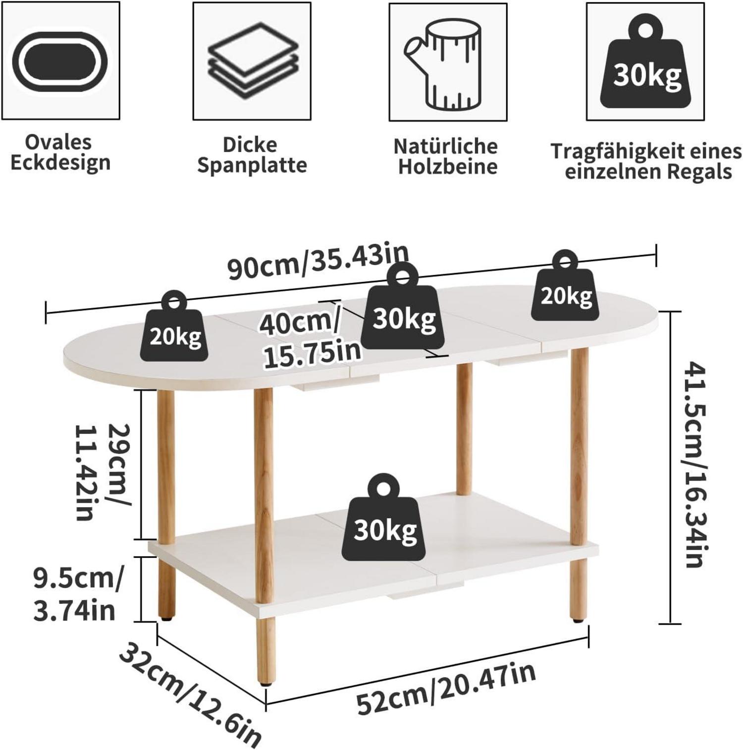 Ovaler Couchtisch Weiß Holz 2-stufiger Mitteltisch 35 * 16 * 17 Zoll