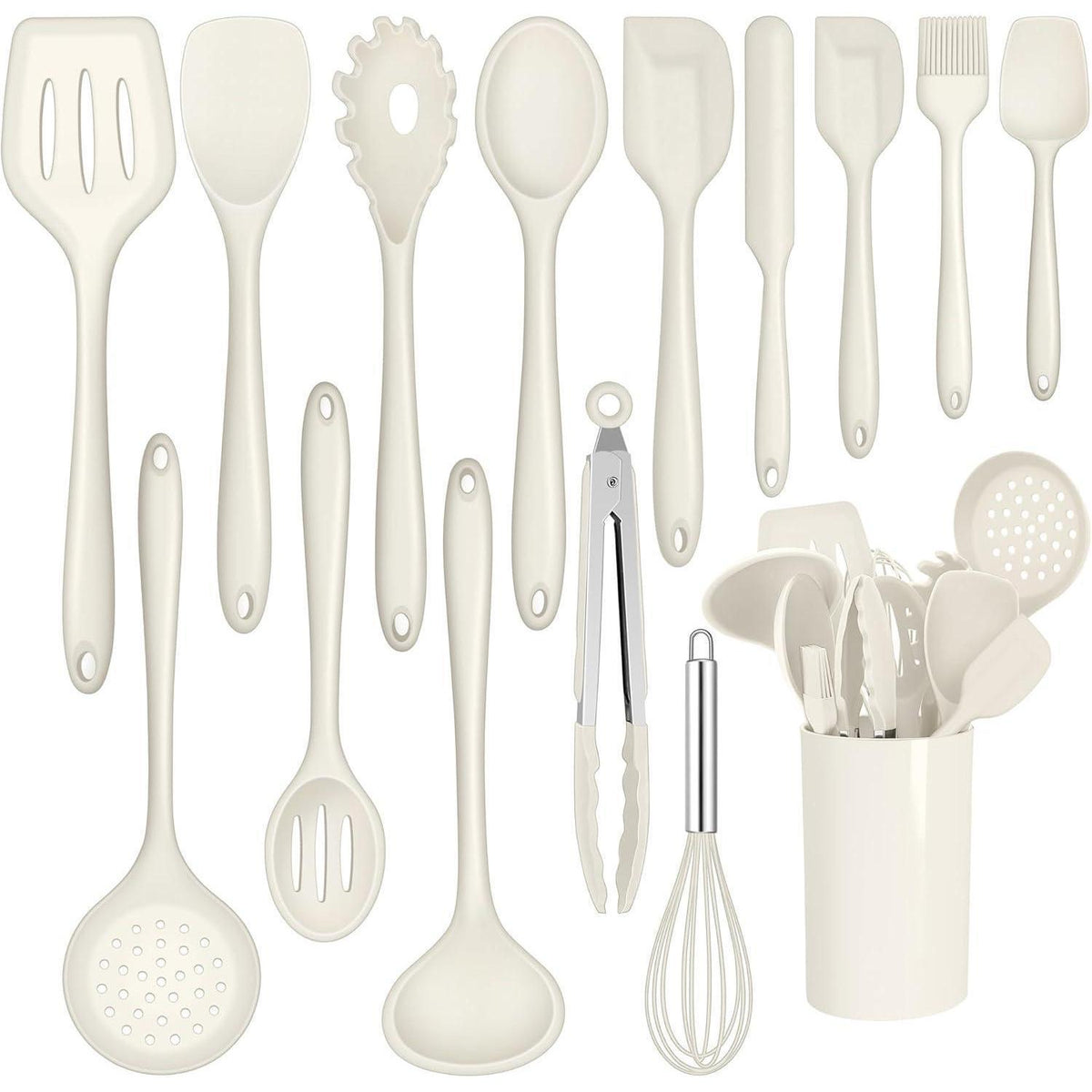 15-teiliges Silikon Kochutensilien Set mit Halter – Weiß