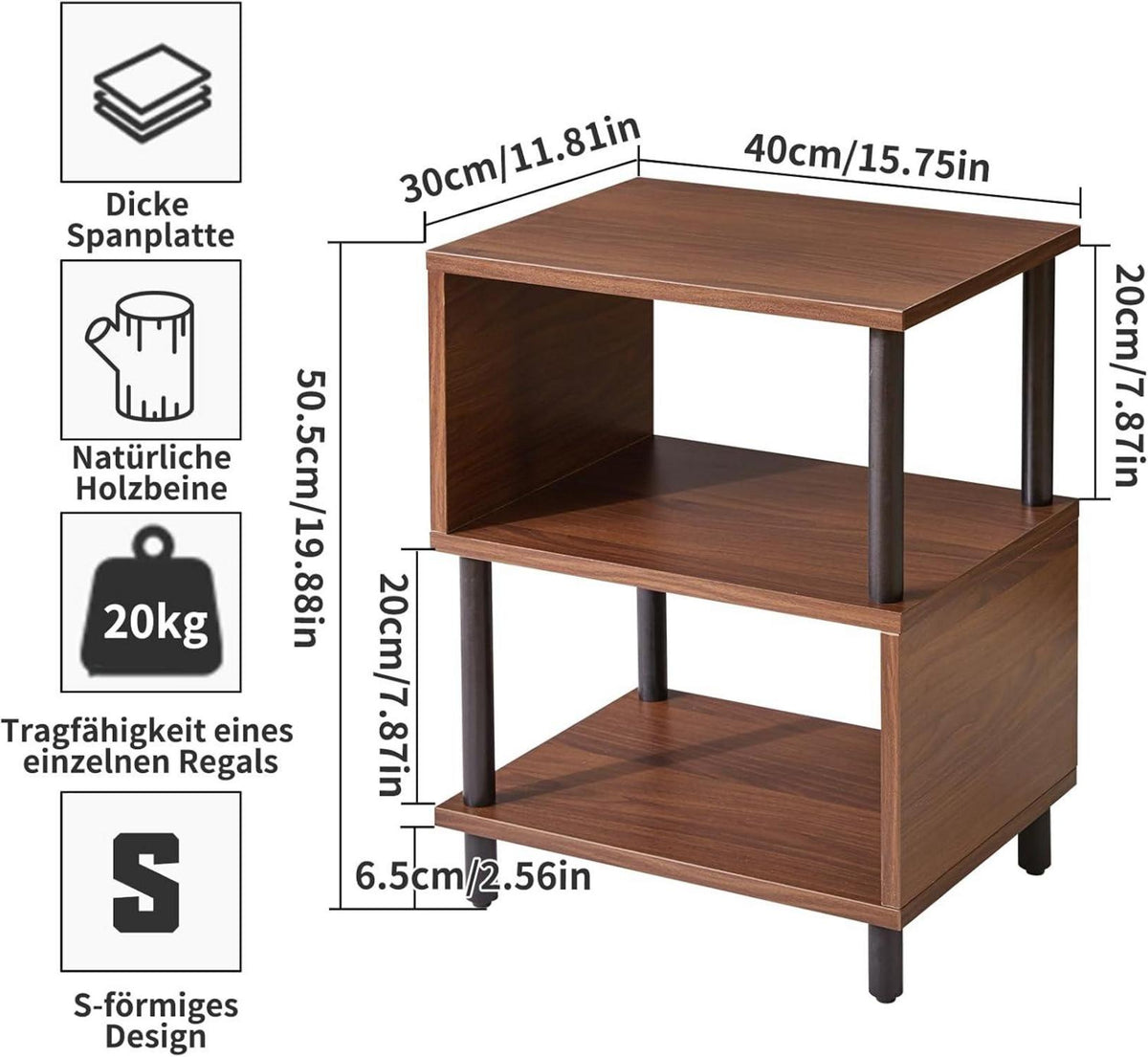 Beistelltisch mit 3 Ablagen und offenes Fach, Modernes Design