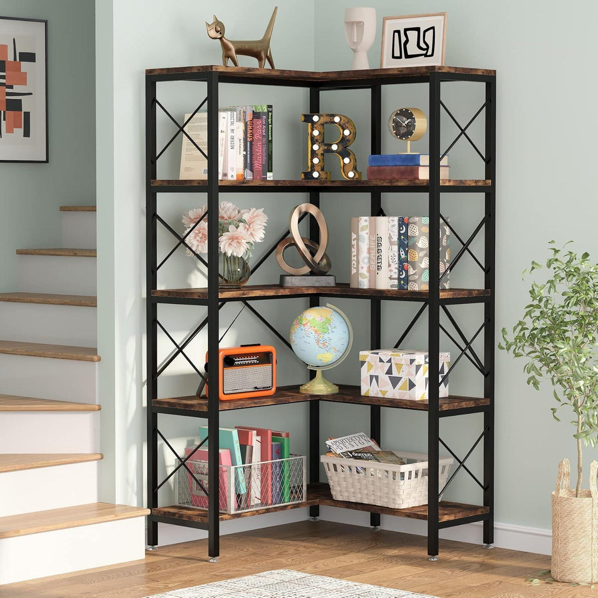 5-stöckiges Eckregal Braun – Modernes Bücherregal für Wohnzimmer