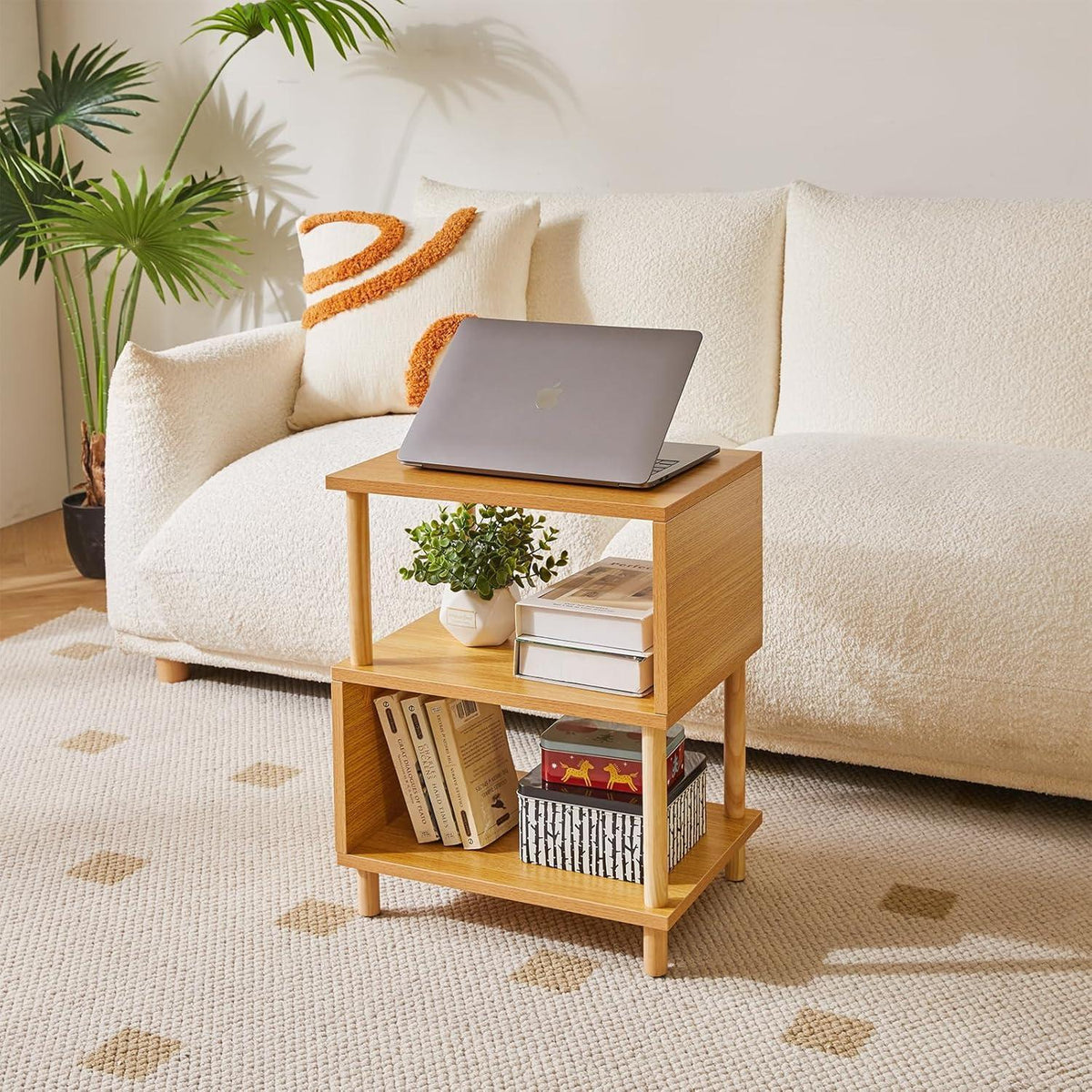 Holz Nachttisch mit 3 Etagen & offenem Regal