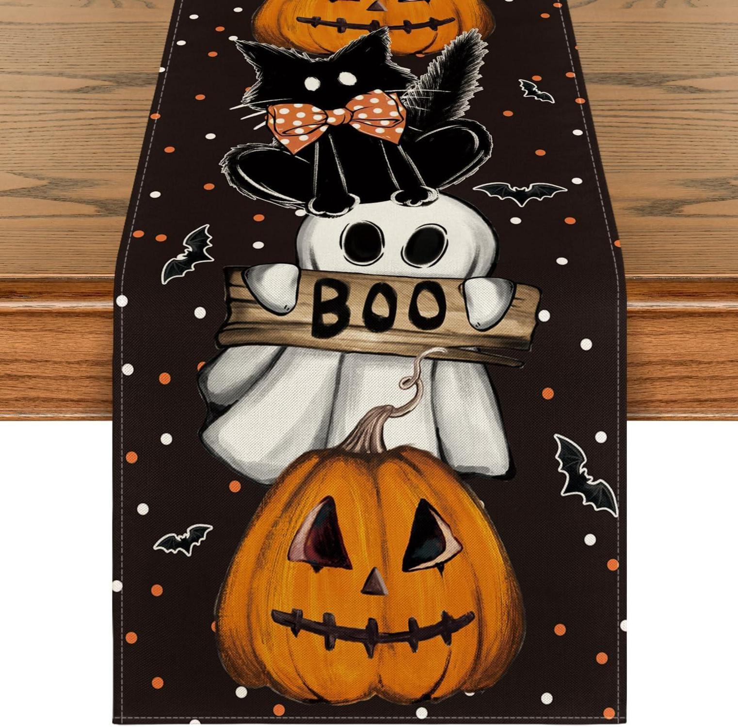 Halloween Tischläufer mit Polka Dot Ghost und Kürbissen 40x180 cm