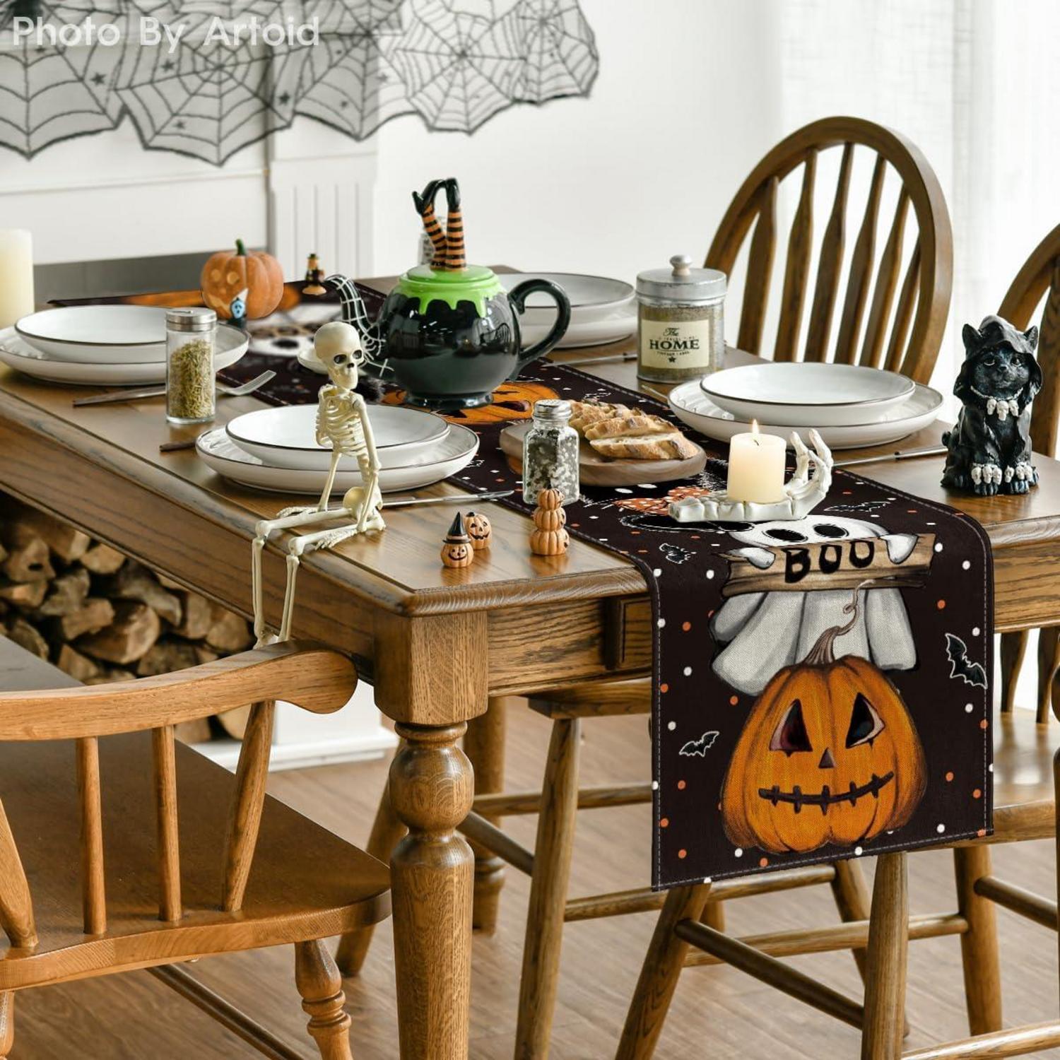 Halloween Tischläufer Polka Dot Geister Kürbisse Katze 40x180 cm Schwarz