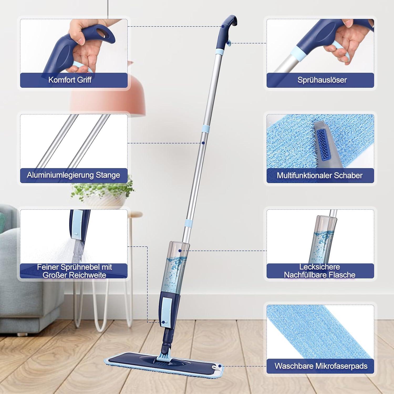 2-in-1 Bodenwischer Sprühfunktion Wischmopp 3 Mikrofaser-Wischbezug 400ML Wassertank
