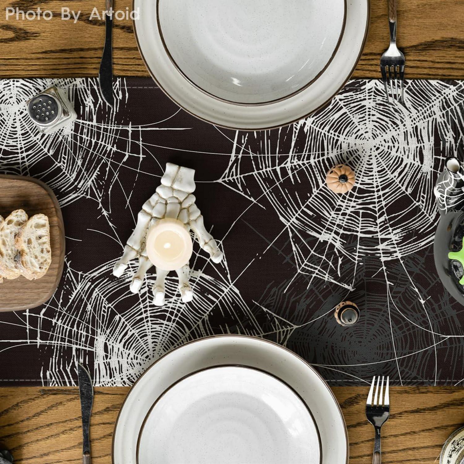 Schwarzer Halloween Tischläufer Spinnennetz Dekor 40x140cm