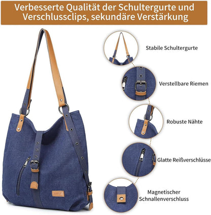 Damen Canvas Rucksack Handtasche groß Blau Multifunktional