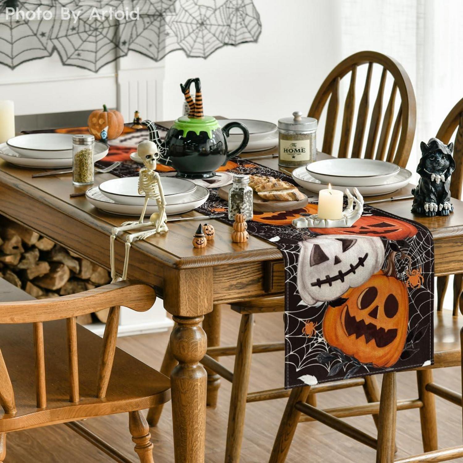Halloween Tischläufer Schwarz Spinnennetz Kürbisse Laterne 40x100 cm