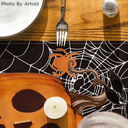 Halloween Tischläufer Schwarz Spinnennetz Kürbisse