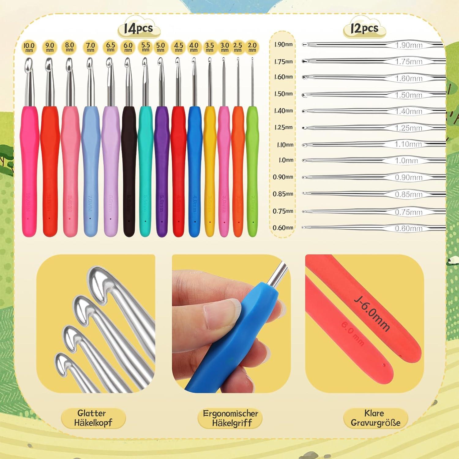 Häkelset für Anfänger mit 15 Acrylwolle, Zubehör & Tasche