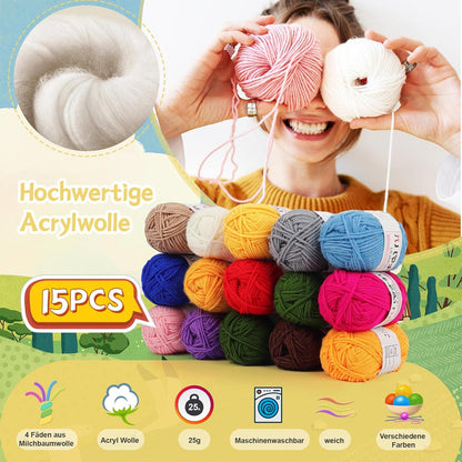 Aeeque Häkelset für Anfänger mit 15 Acrylwolle & Tasche