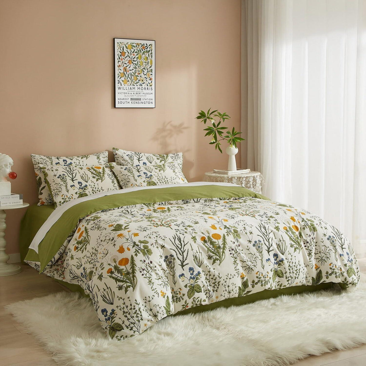 Blumen Bettwäsche Set 220x240 Baumwolle Grün Weiß 3tlg.