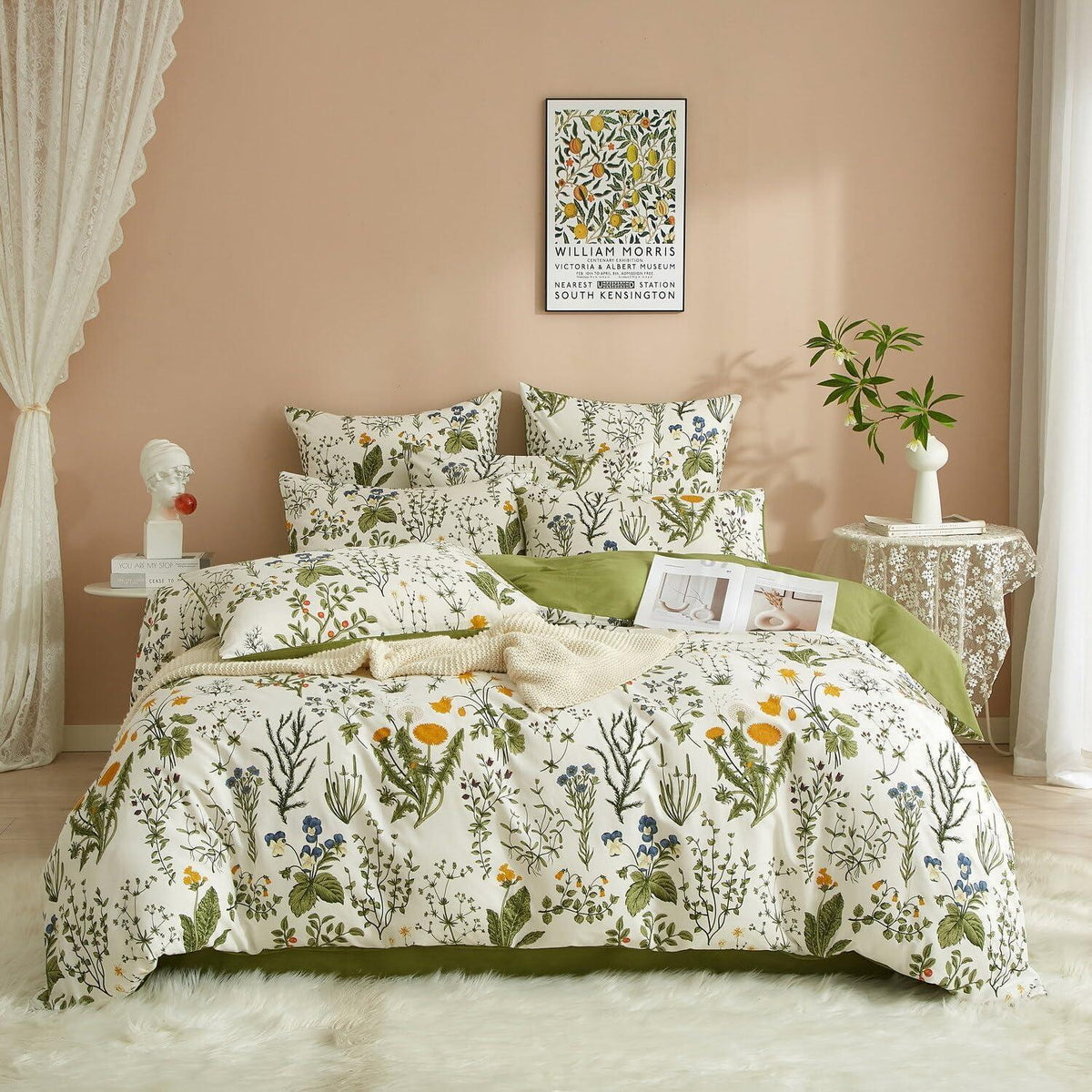 Blumen Bettwäsche Set 135x200 Baumwolle Weiß Grün 4tlg.