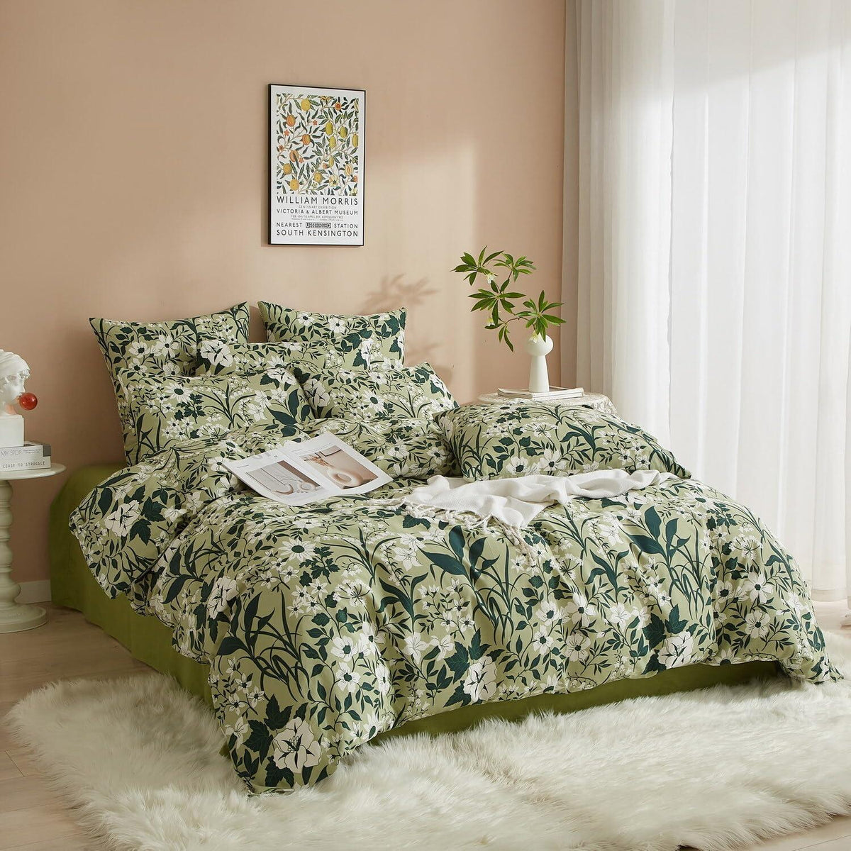 Grüne Baumwoll Bettwäsche Set 220x240 mit Blumenmuster