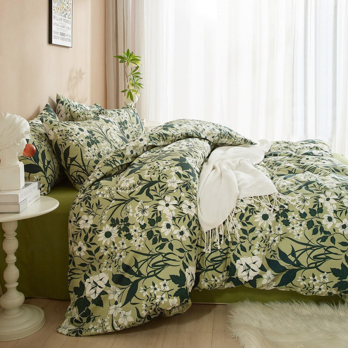 Grüne Baumwoll Bettwäsche Set 220x240 mit Blumenmuster