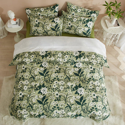 Grüne Baumwoll Bettwäsche Set 220x240 mit Blumenmuster