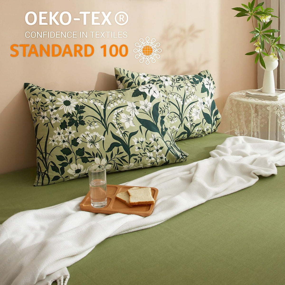 Grüne Baumwoll Bettwäsche Set 135x200 mit Blumenmuster