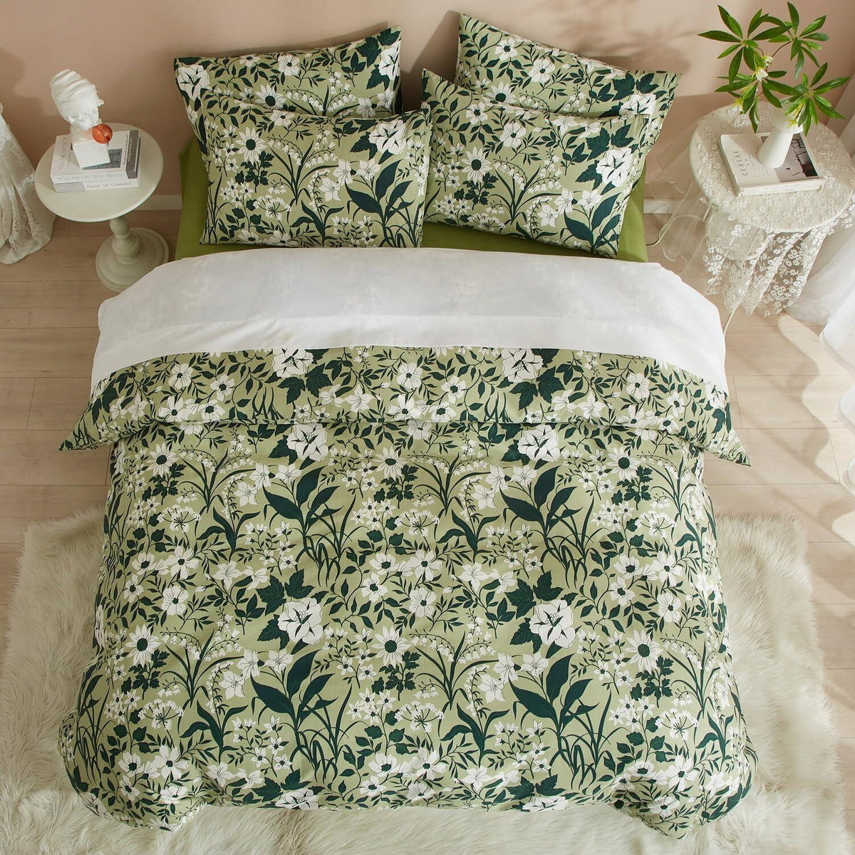 Grüne Baumwoll Bettwäsche Set 135x200 mit Blumenmuster