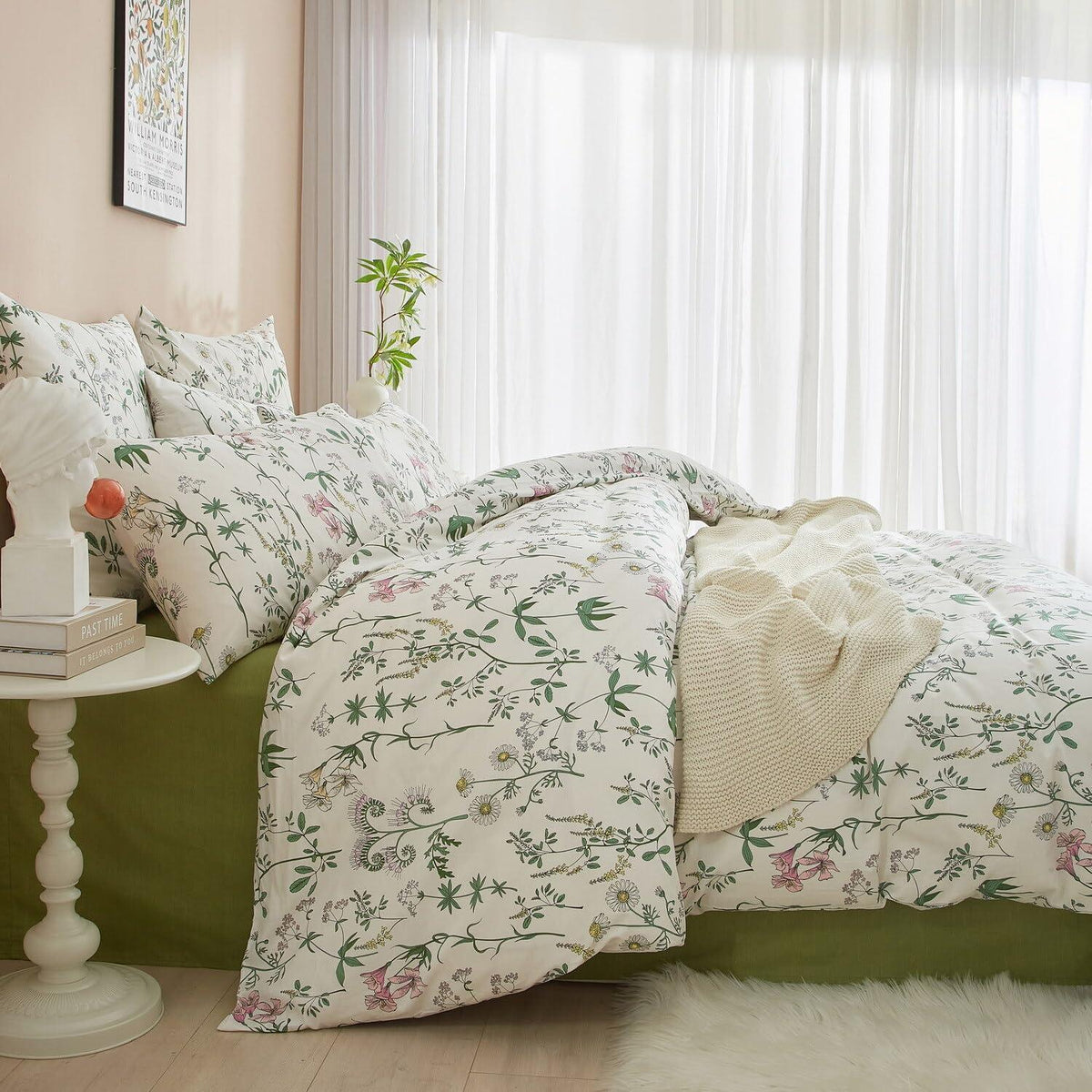 Blumen Bettwäsche Set 220x240 Baumwolle Weiß 3tlg. mit Kissenbezügen