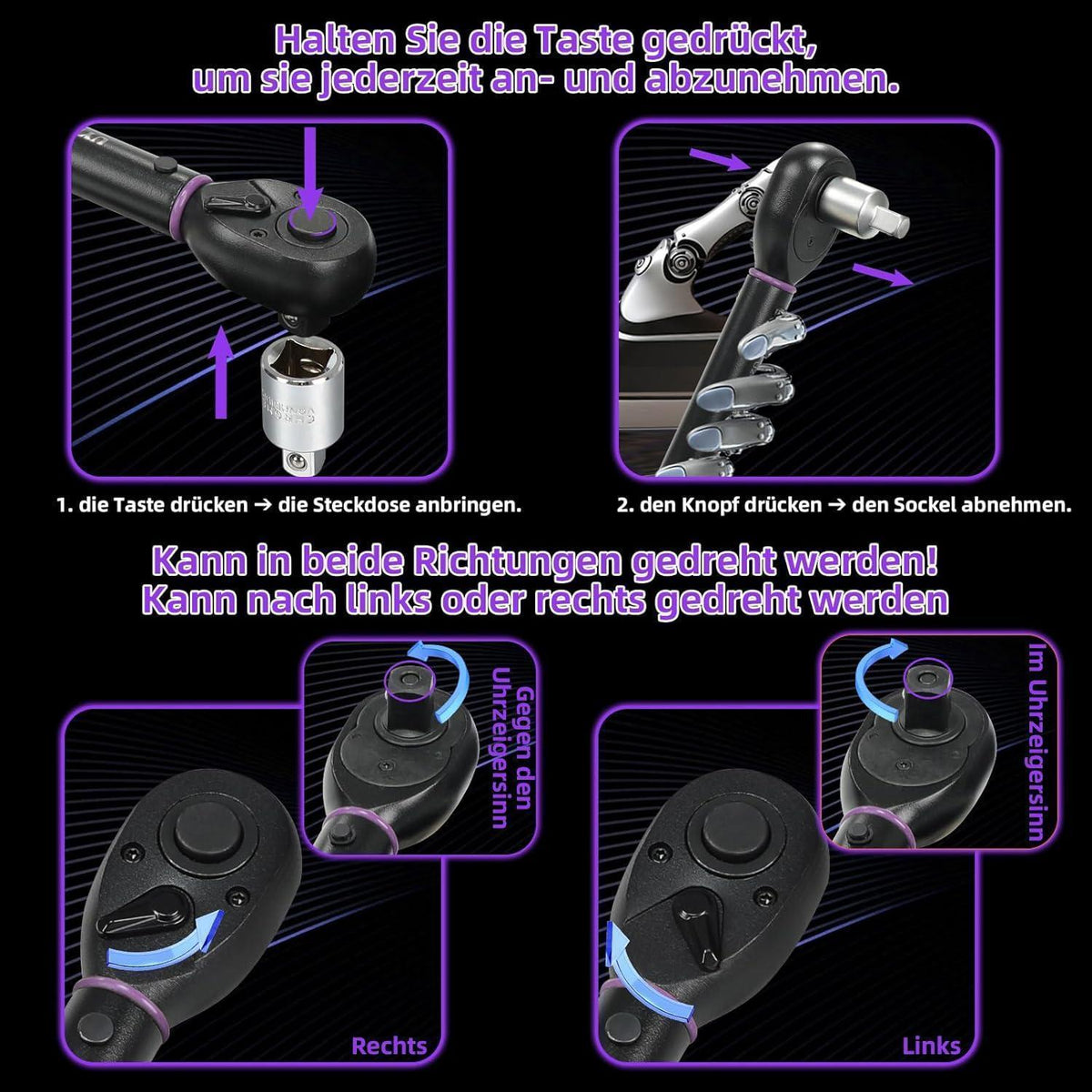 Drehmomentschlüssel Set 1/2" 20-220Nm mit 3/8" Adapter & Verlängerung - Lila