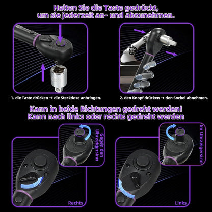 Drehmomentschlüssel Set 1/2" 20-220Nm mit 3/8" Adapter & Verlängerung - Lila