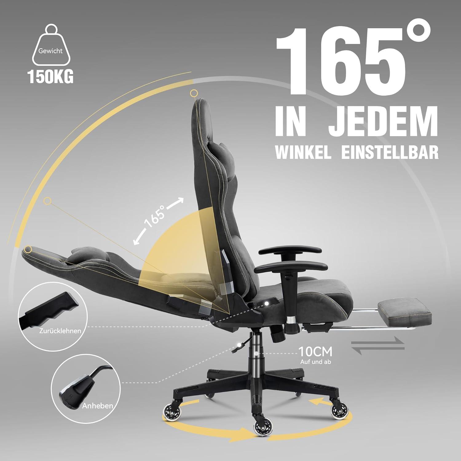 Gaming Stuhl Massage Luxuriöser Wildleder 90-165° Grau